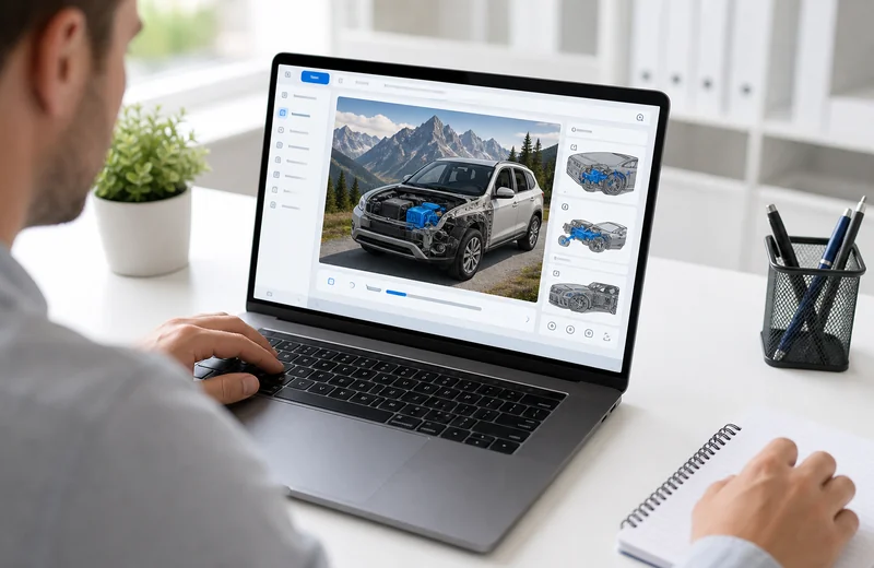 Editor reviewing light-themed mountain vehicle service learning interface on laptop