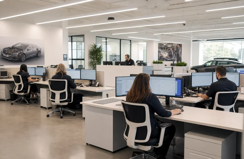 Reference desk staff at monitors in light open-plan office