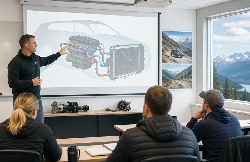Classroom screen with cooling system diagram for mountain driving education