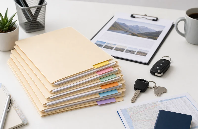 Organized trip preparation folders and vehicle keys on light desk