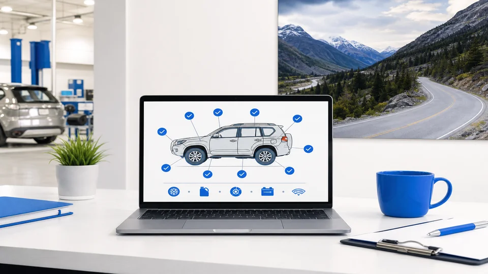 Light workspace with mountain vehicle service checklist on monitor and serpentine road reference map