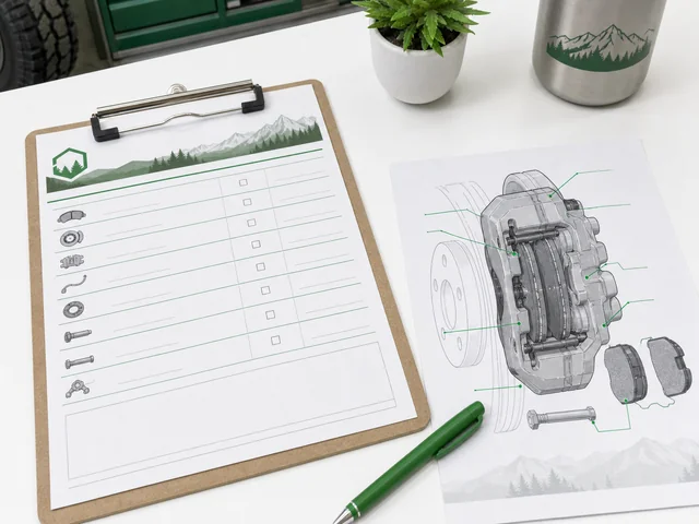 Brake inspection reference sheet and caliper diagram on white desk for educational review