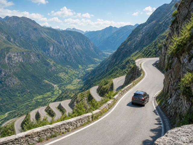 Mountain serpentine highway with vehicle in distance illustrating elevation driving context